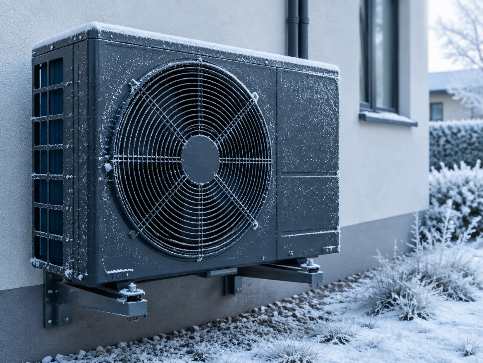 Wärmepumpen-Außeneinheit im winterlichen Kontext mit Frostschutz